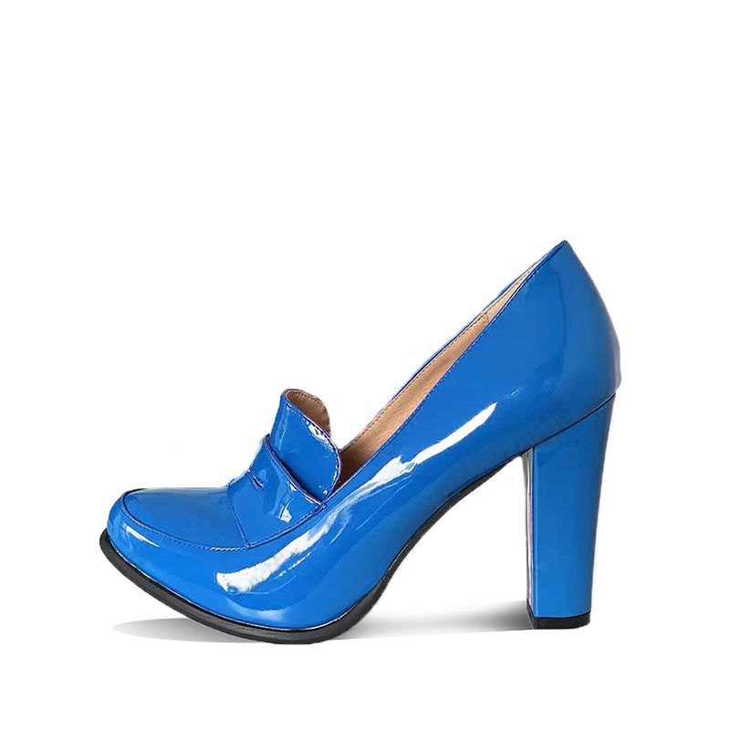 Mocassin Femme Talon Haut en Cuir Verni - Bleu