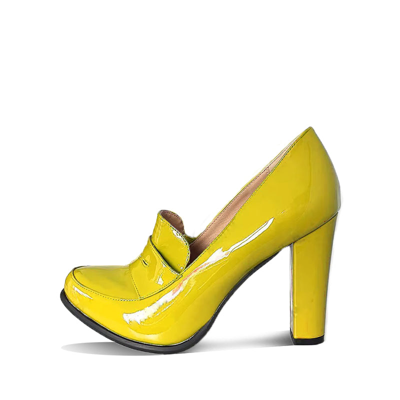 Mocassin Femme Talon Haut en Cuir Verni - Jaune