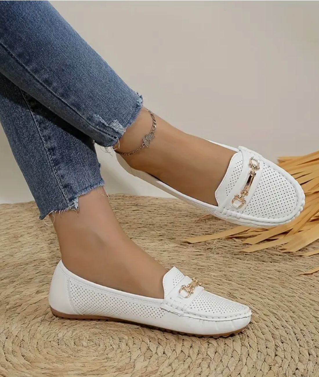 Mocassin Ajouré en Effet cuir Blanc Pur – Femme