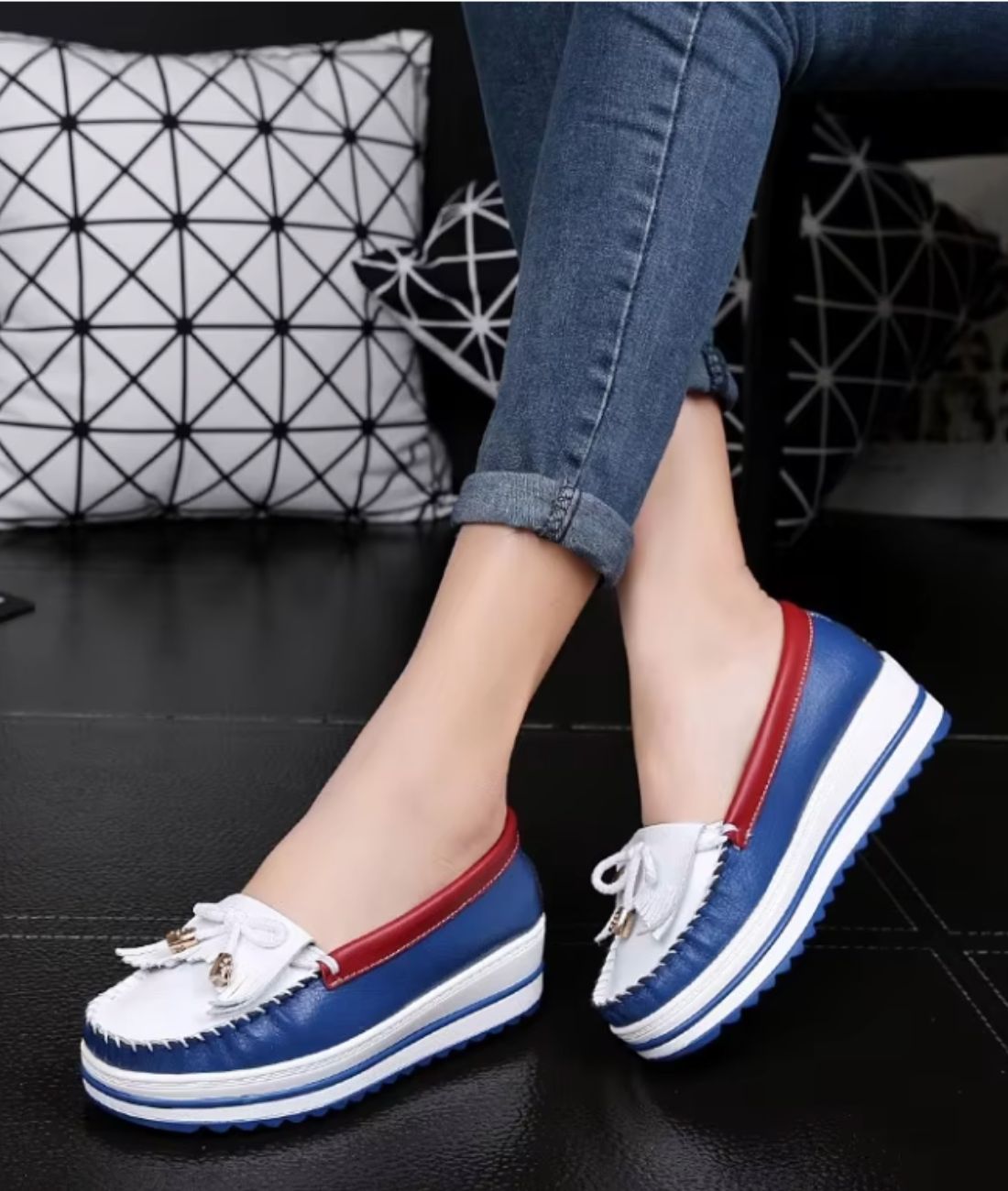 Mocassin Bicolore à Plateforme en Cuir Bleu Océan – Femme