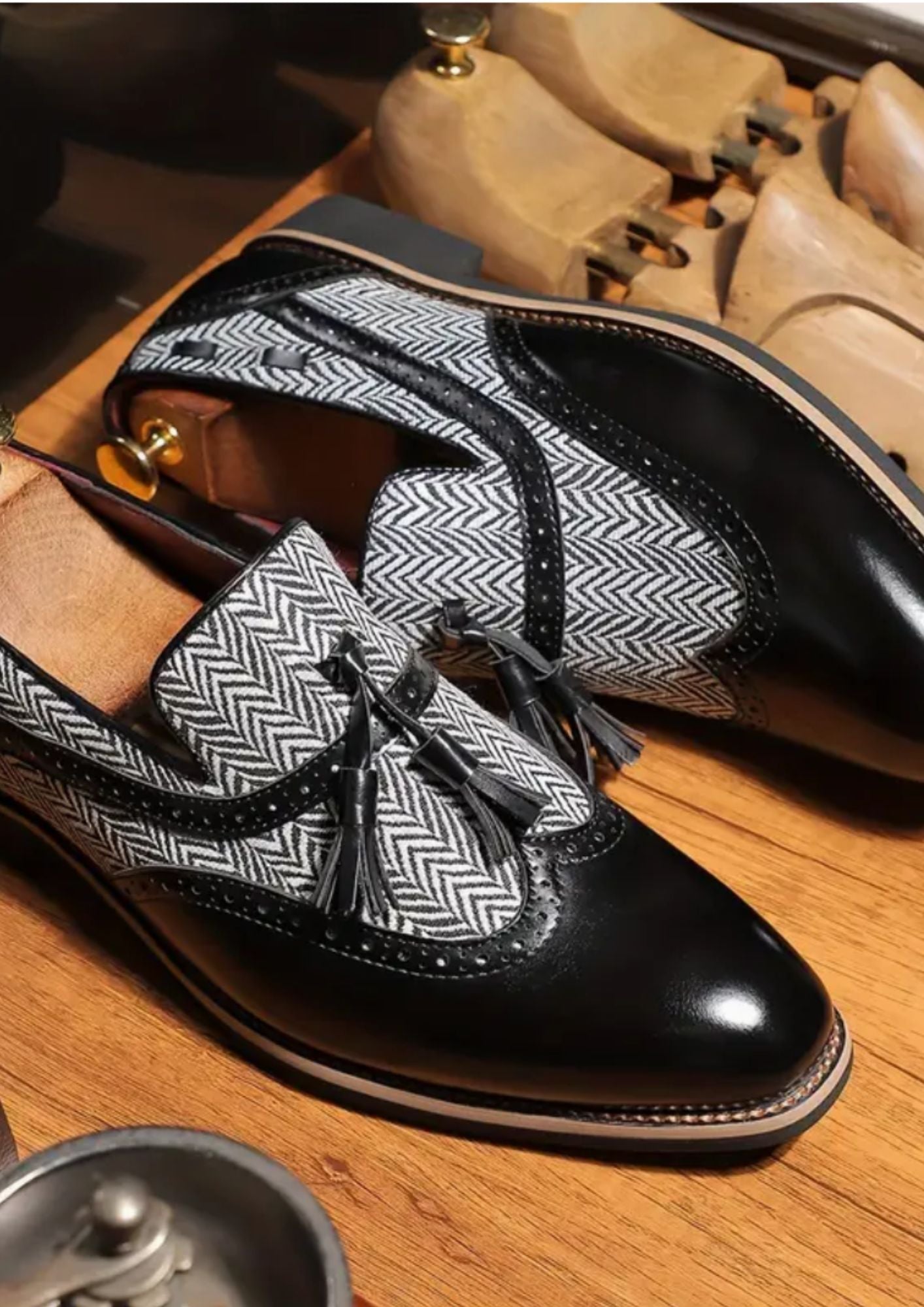 Mocassins À Glands en Effet cuir Motif À Chevrons