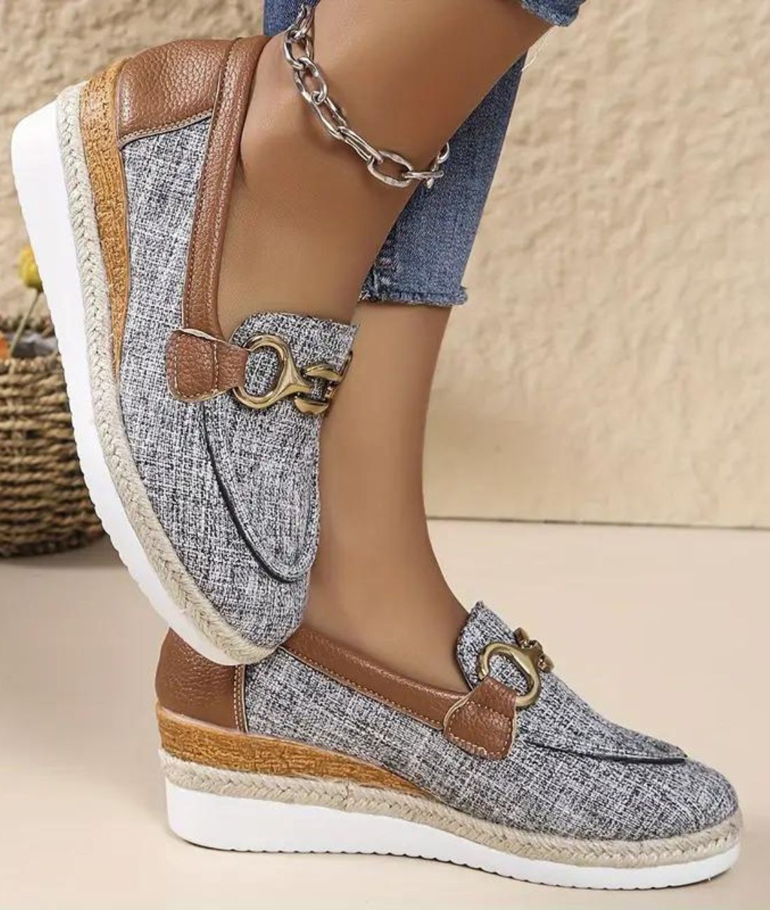 Mocassin à Plateforme en Jean Gris Clair – Femme