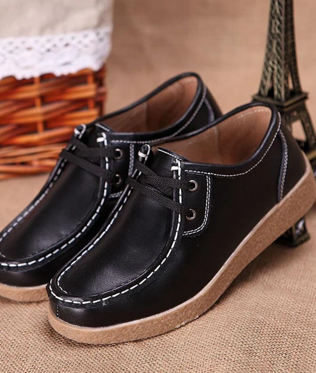 Mocassins À Lacets en Effet cuir À Semelle Épaisse Noir Pour Femmes