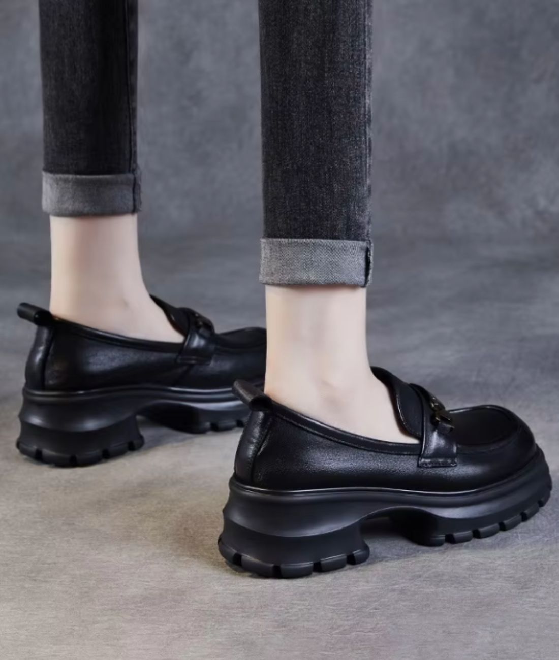 Mocassin à Plateforme en Cuir Noir Profond – Femme