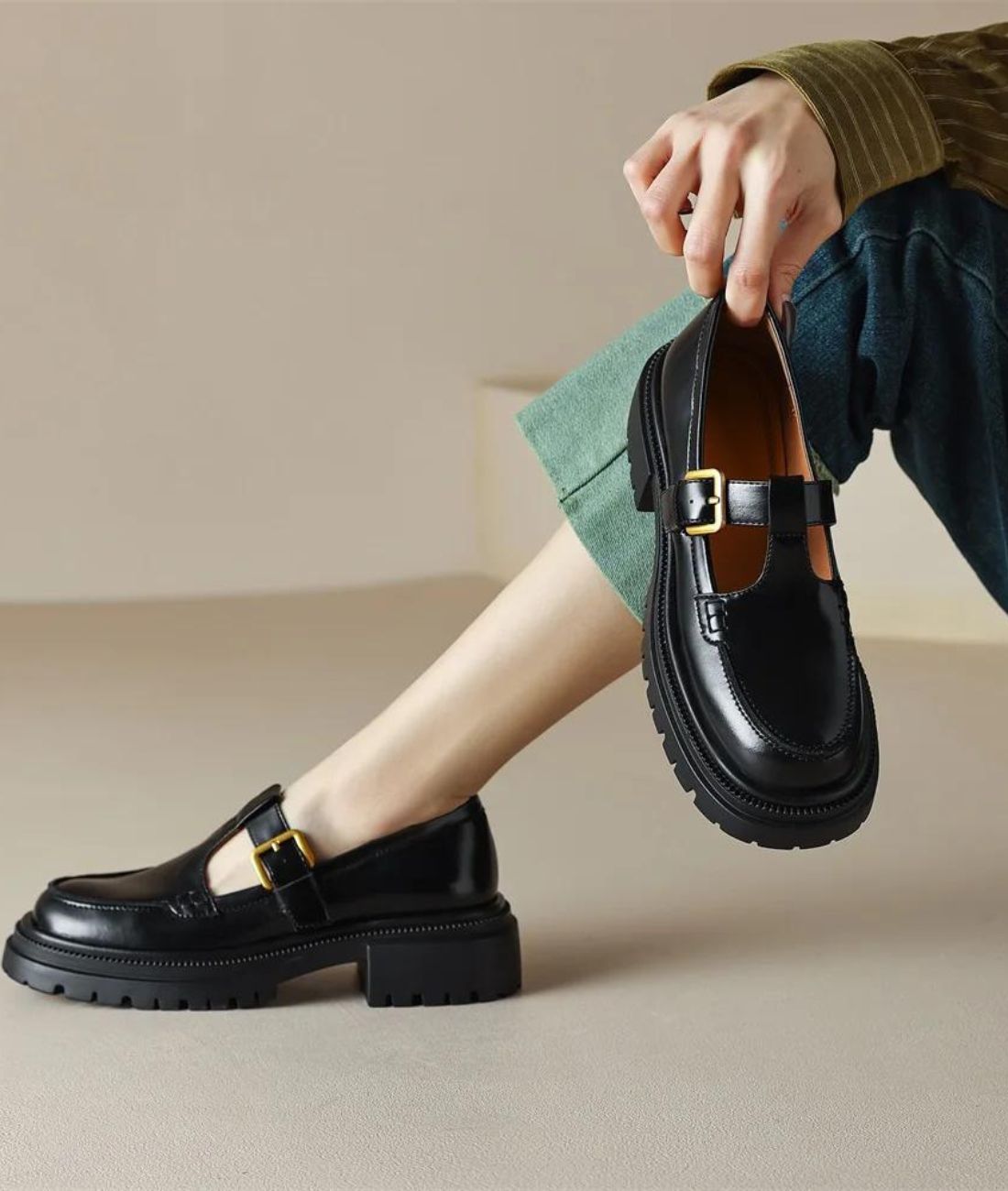 Mocassins Noirs À Talon Carré Et Semelle Épaisse Pour Femme