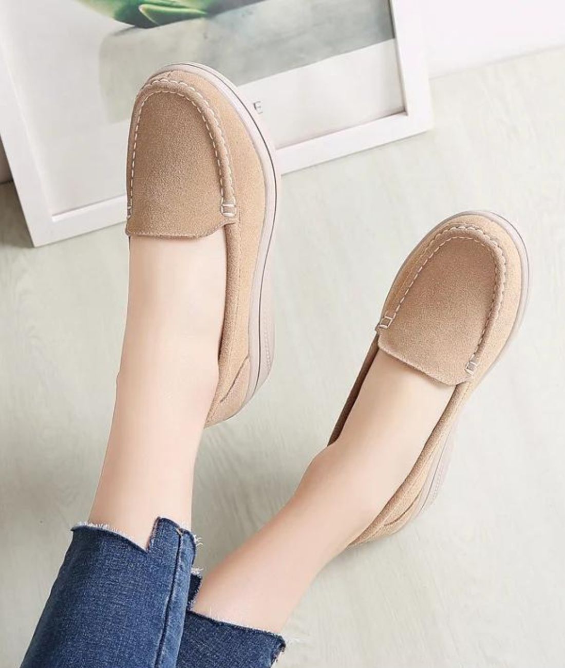 Mocassin à Plateforme en Daim Synthétique Beige Kaki – Femme