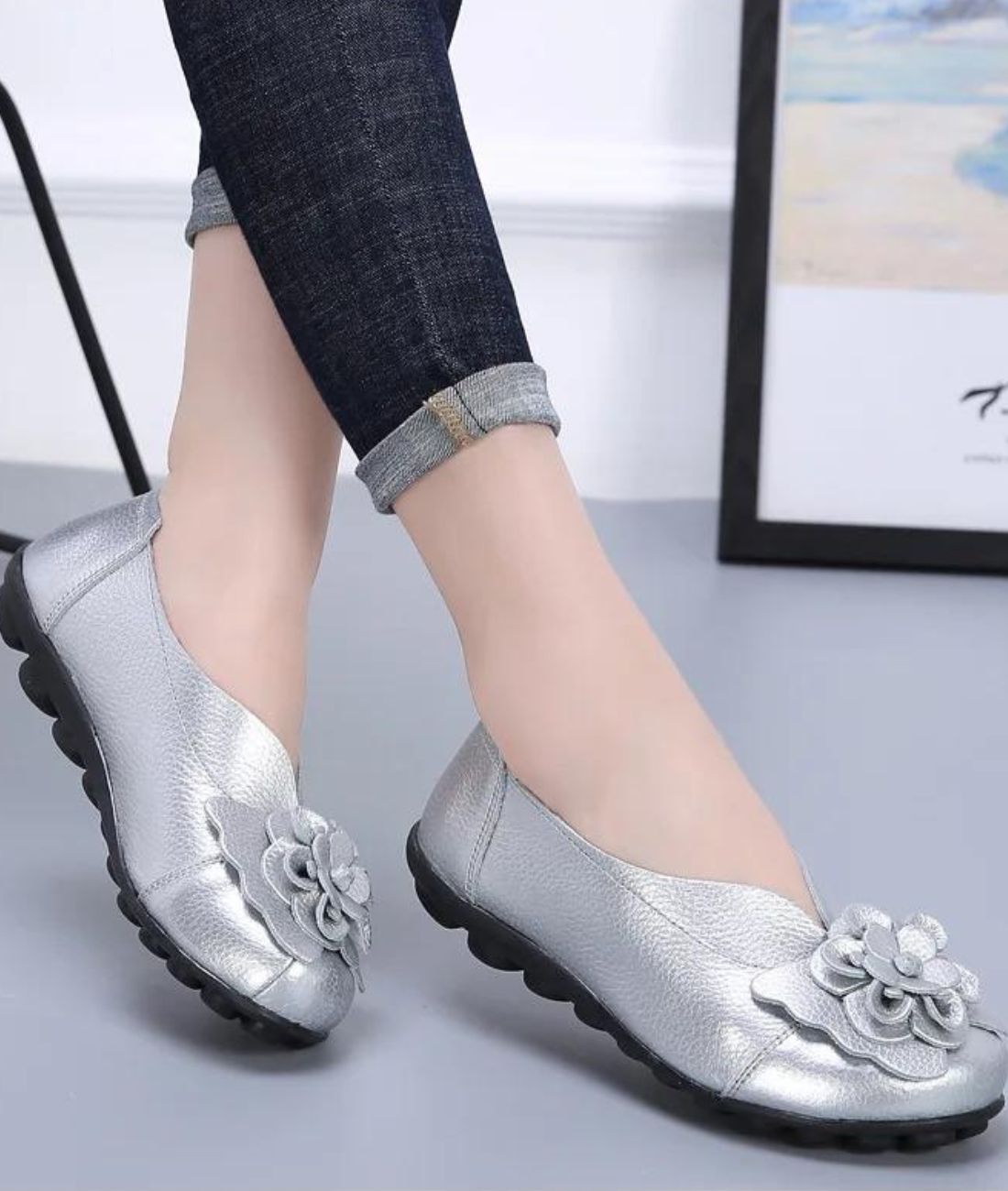 Mocassin Souple en Cuir Gris Argenté – Femme