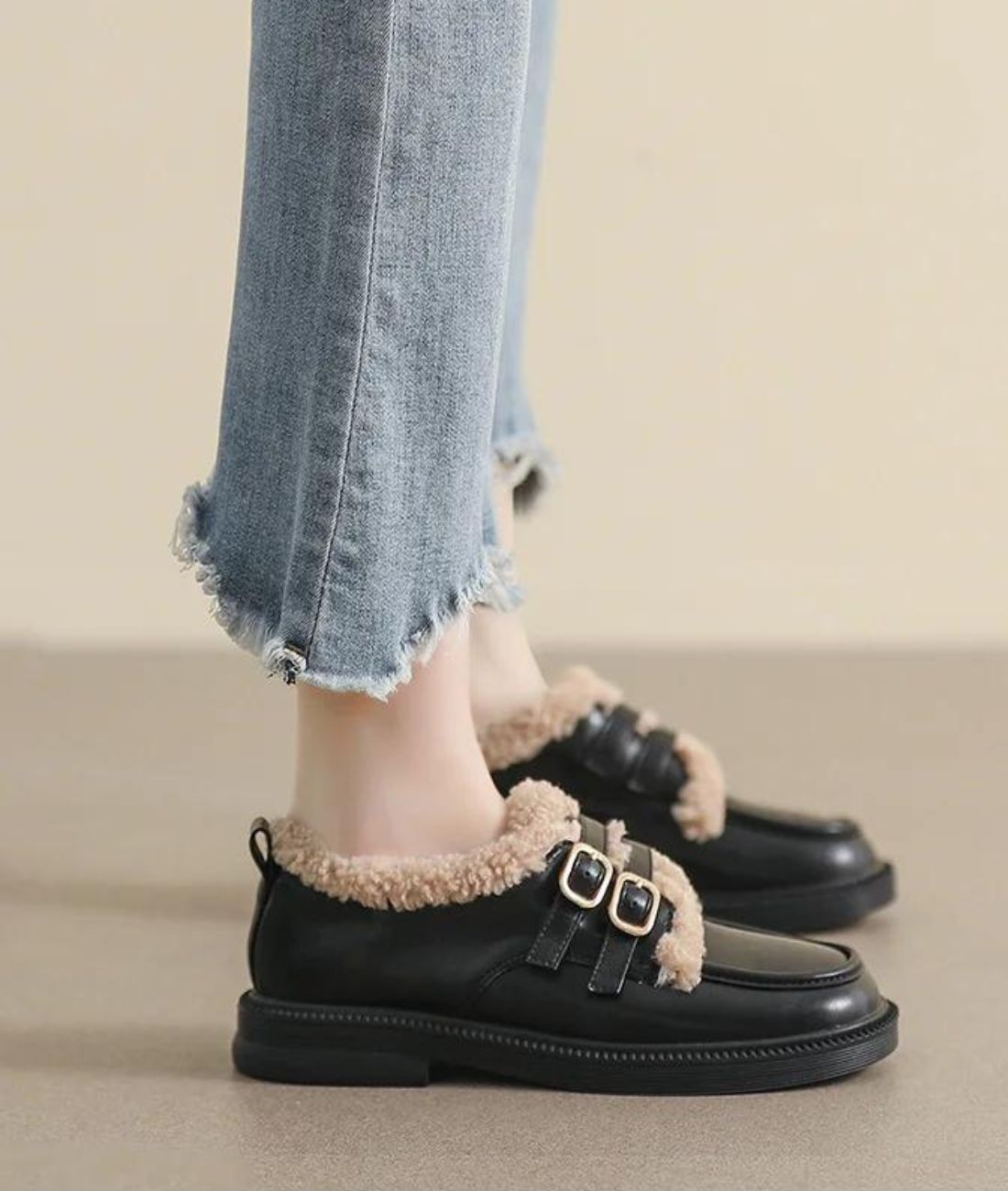 Mocassin Souple en Bouclette Beige Doux – Femme