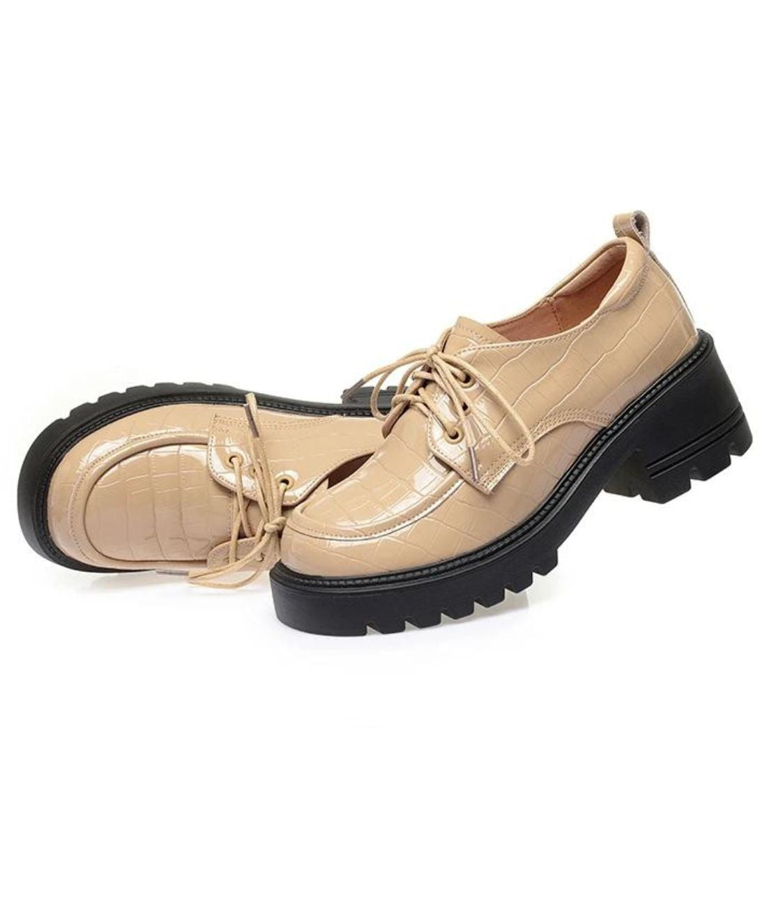 Mocassin à Talons et Plateforme en Cuir Vernis Beige Crème – Femme