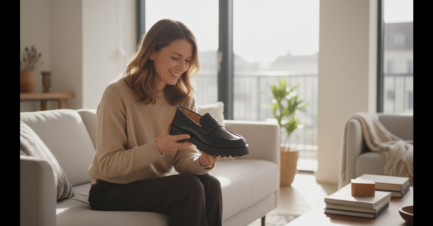 Mocassin Femme Compensé Rétro Cuir Britanique - Noir