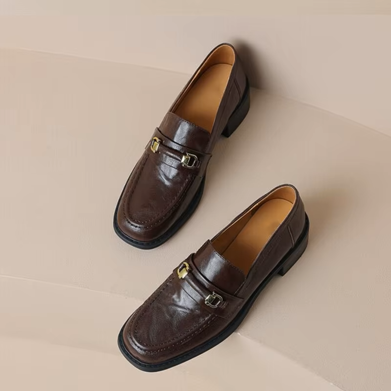 Chaussures Marron Rétro Femme en Cuir à Talon 3 cm