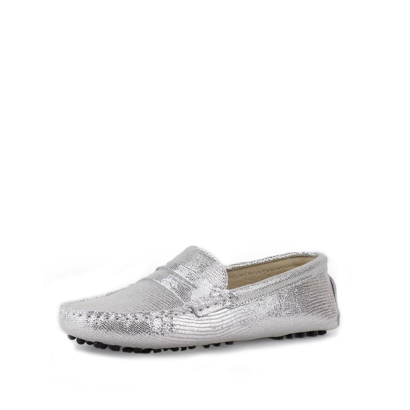 Mocassin Argenté Femme Plat en Cuir