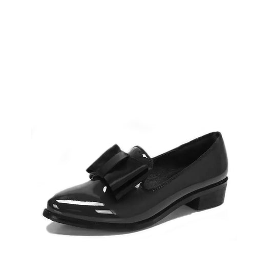 Mocassin Cuir Vernis Noir Femme - Noeud Papillon