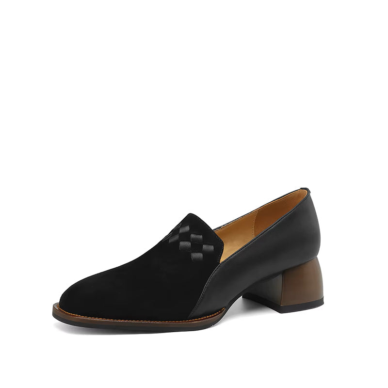 Mocassin Femme Talon 4 cm Cuir et Daim - Noir
