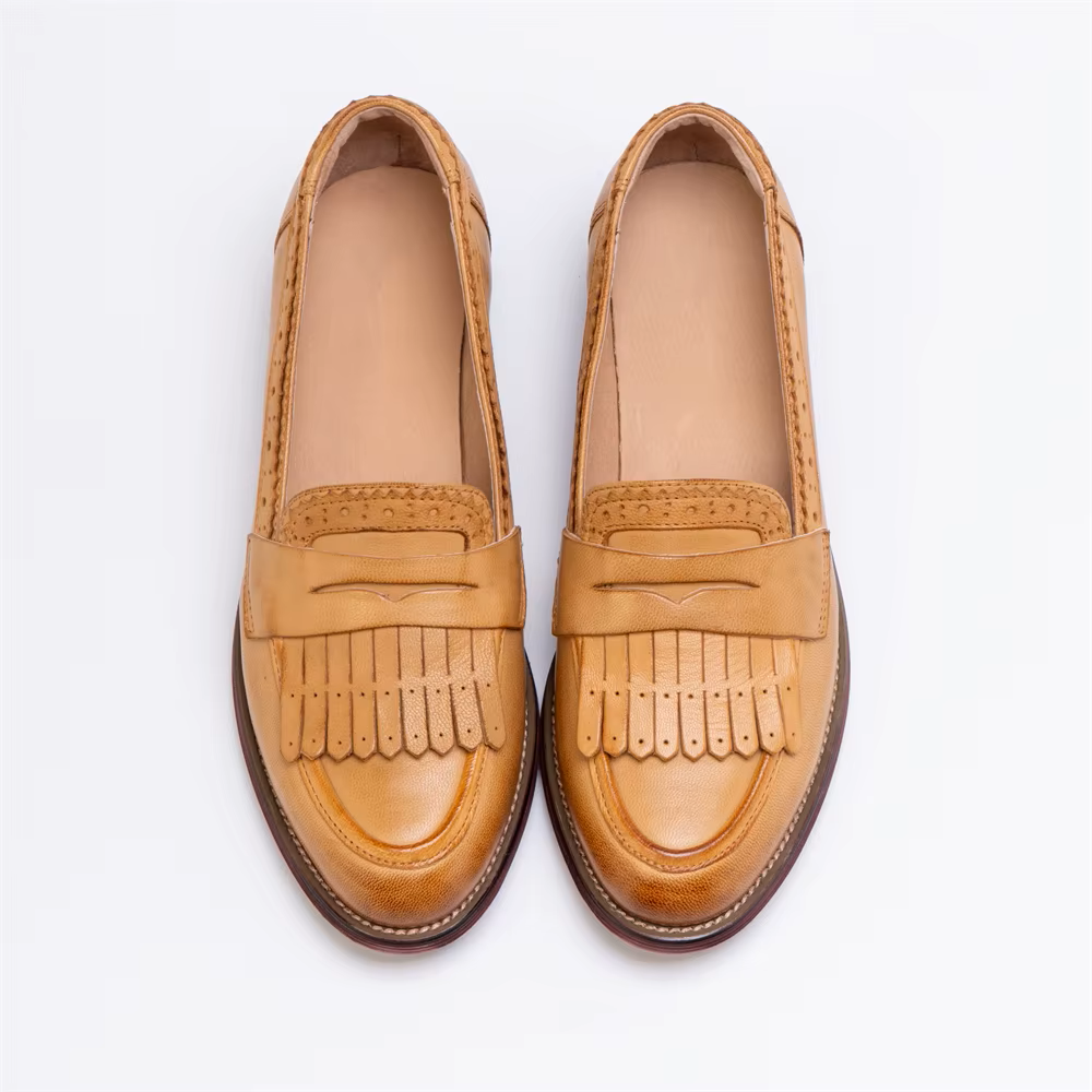 Chaussure Frange Femme en Cuir Beige