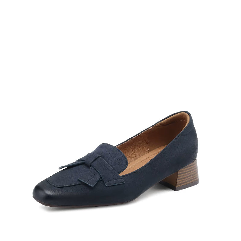 Mocassin à Talon avec Noeud en Cuir - Bleu Marine