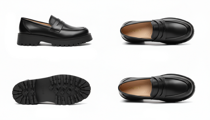 Mocassin Femme Compensé Rétro Cuir Britanique - Noir