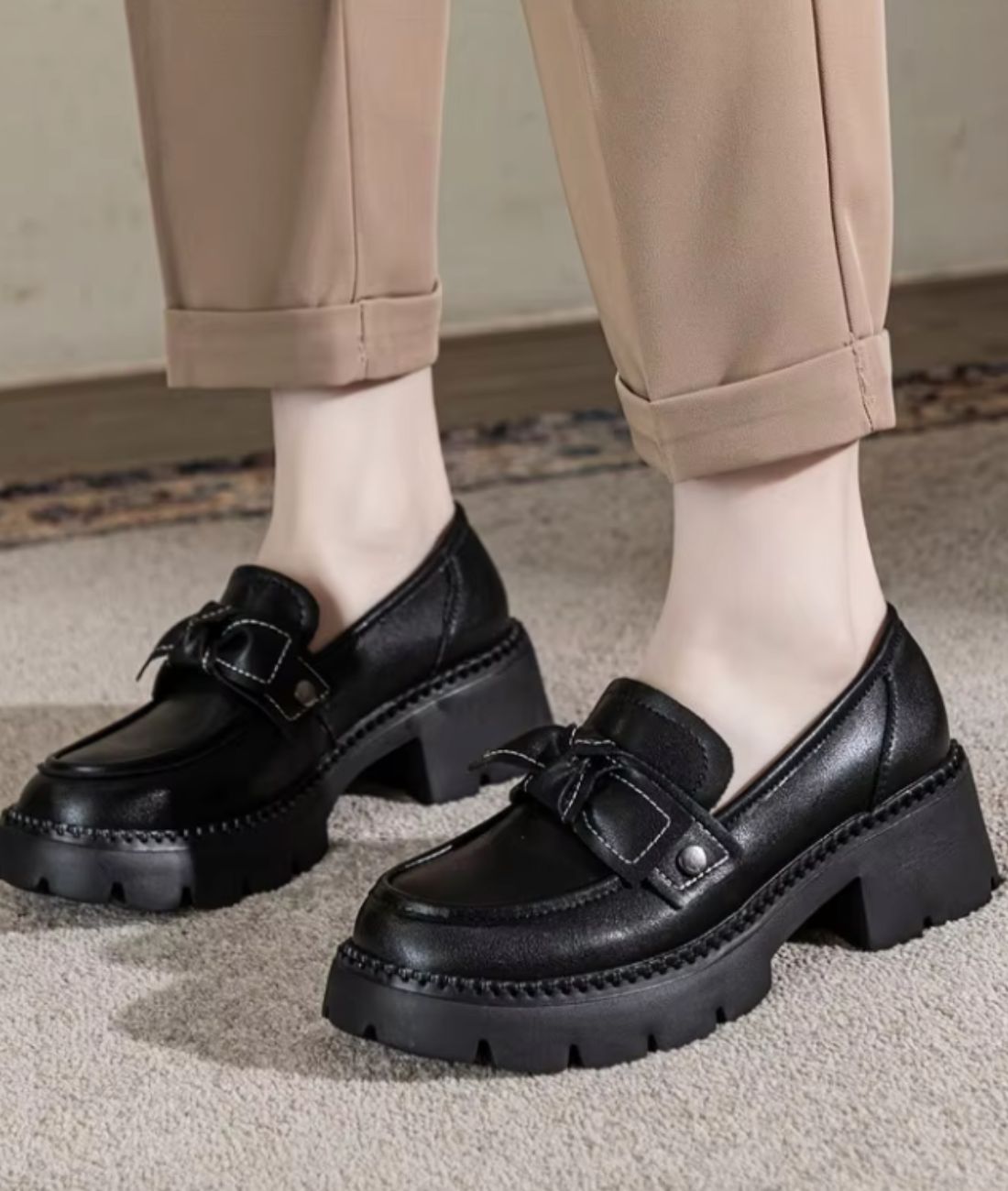 Mocassin à Plateforme en Cuir Noir Profond – Femme