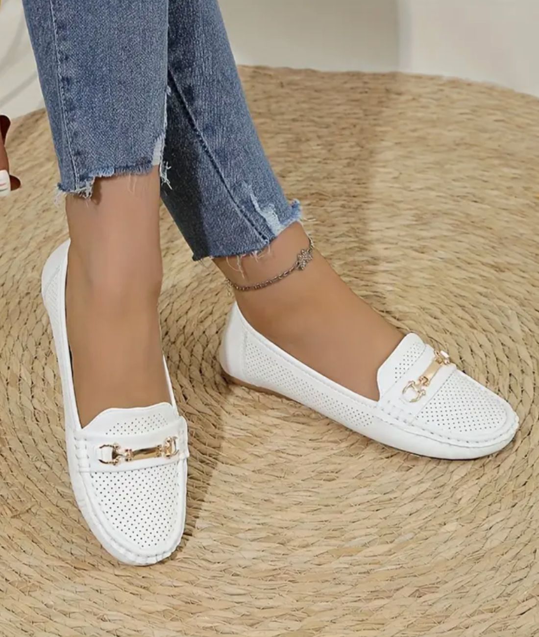 Mocassin Ajouré en Effet cuir Blanc Pur – Femme