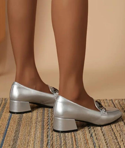 Mocassins Argentés À Talons Carrés Pour Femme