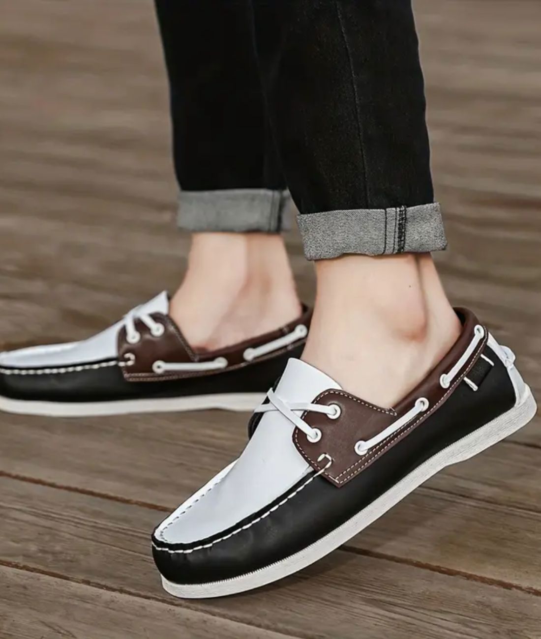 Mocassins Bateau Noirs Bicolores À Lacets Pour Homme