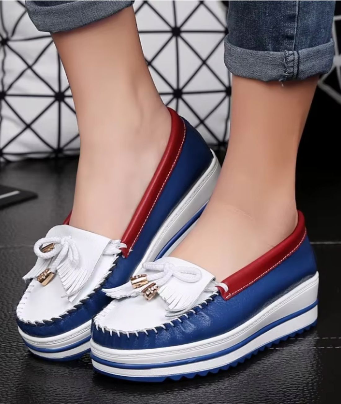 Mocassin Bicolore à Plateforme en Cuir Bleu Océan – Femme