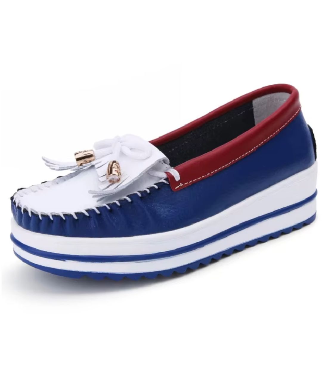 Mocassin Bicolore à Plateforme en Cuir Bleu Océan – Femme