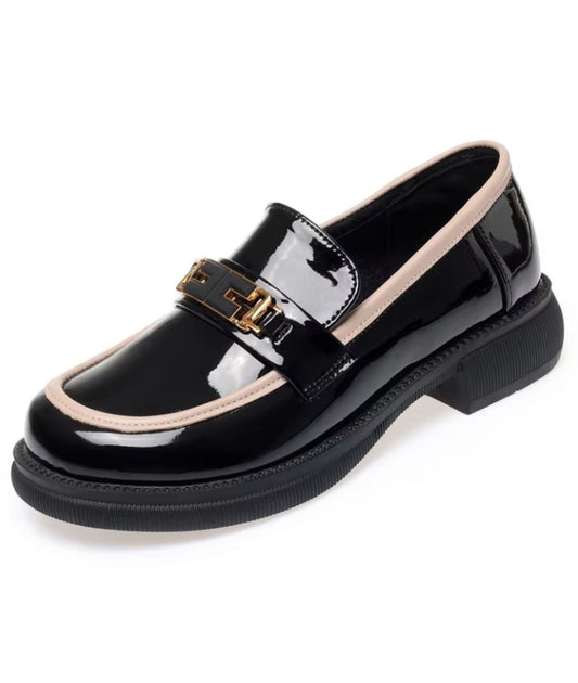 Mocassin à Bout Rond en Effet vernis Noir Profond – Femme