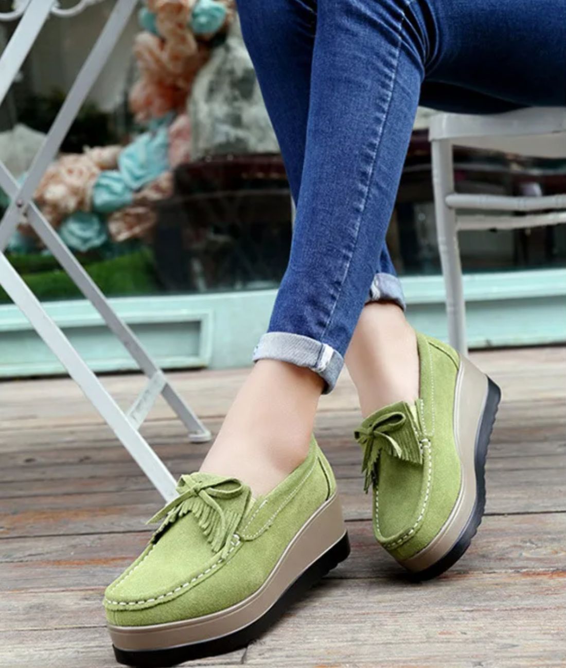 Mocassins Compensés À Franges En Suédine