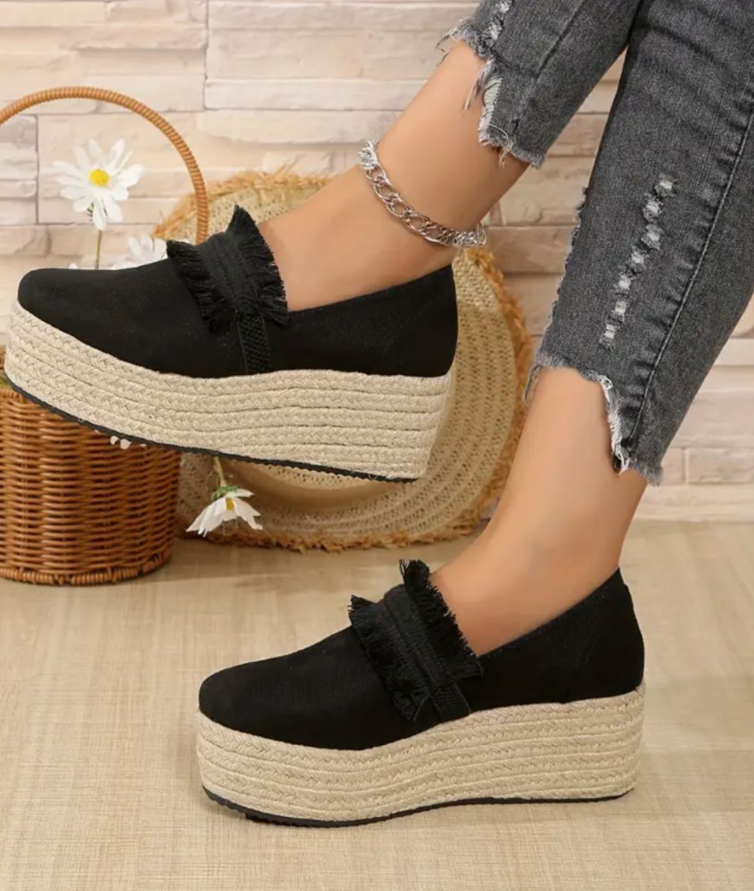 Mocassins Compensés Avec Franges En Suédine Pour Femme