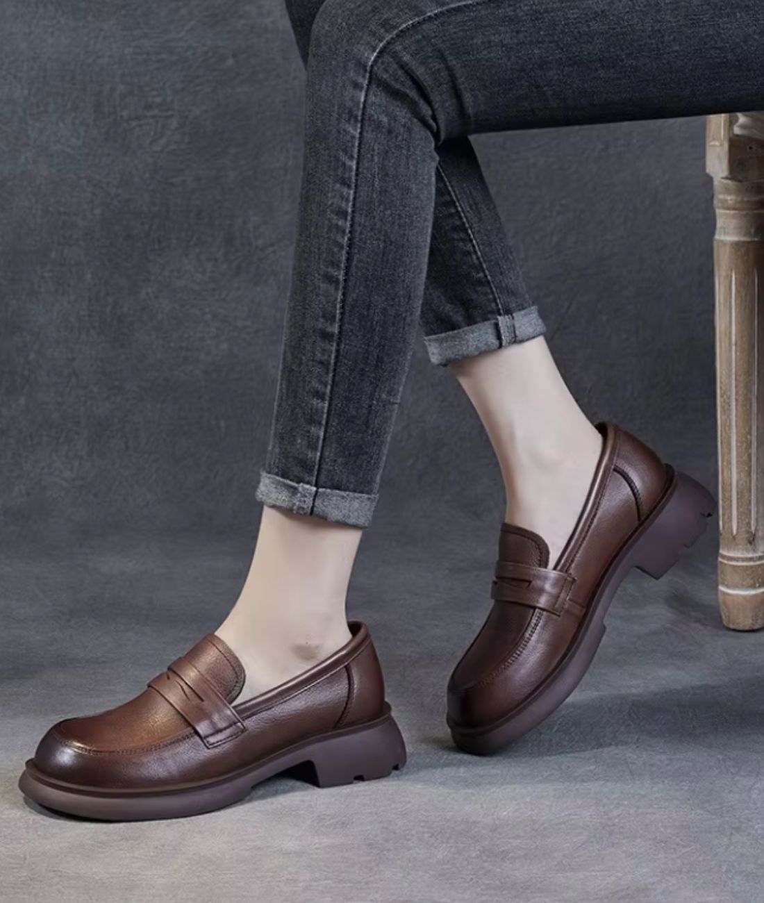 Mocassins en Effet cuir À Talon Et Semelle Épaisse Pour Femme