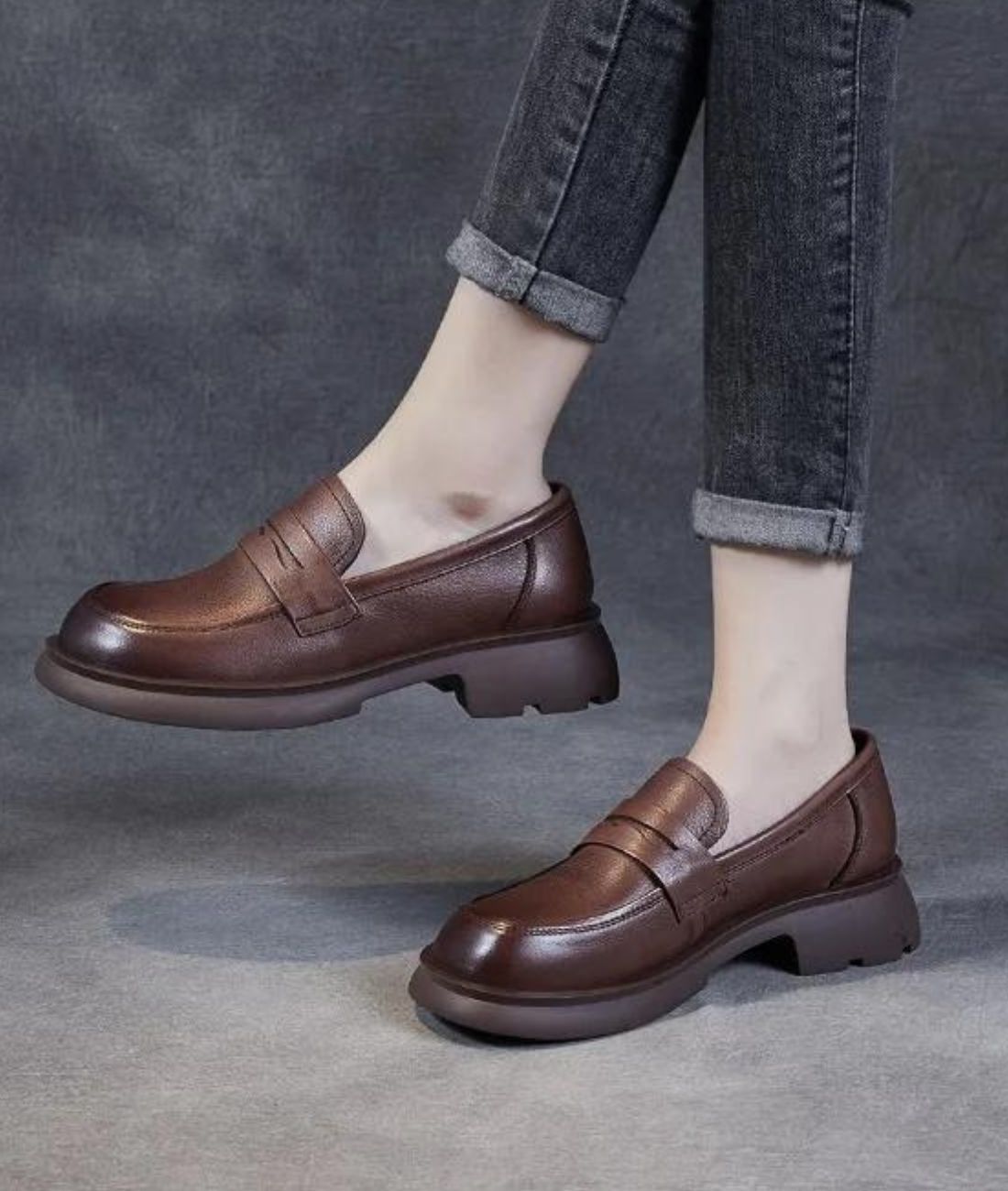 Mocassins en Effet cuir À Talon Et Semelle Épaisse Pour Femme