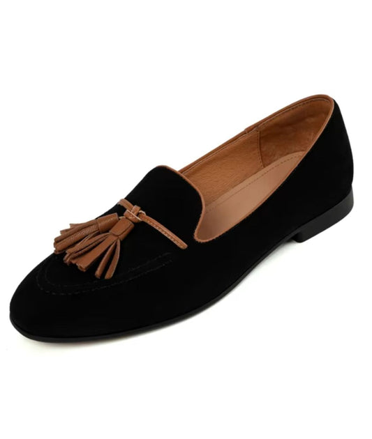 Mocassins À Glands Noirs Suédine Pour Femme