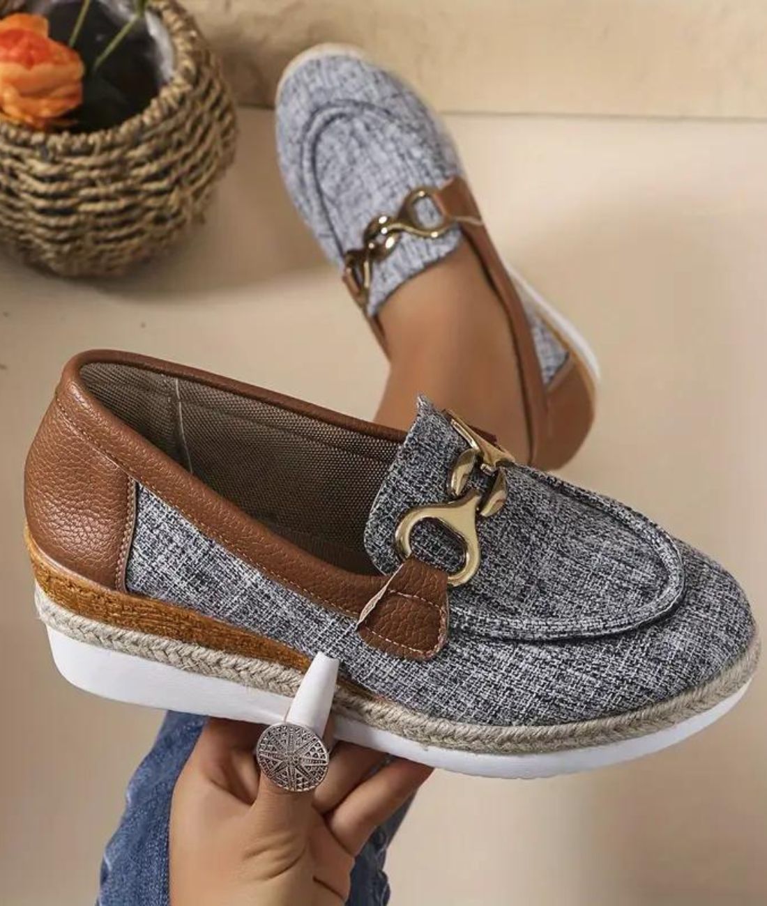 Mocassin à Plateforme en Jean Gris Clair – Femme