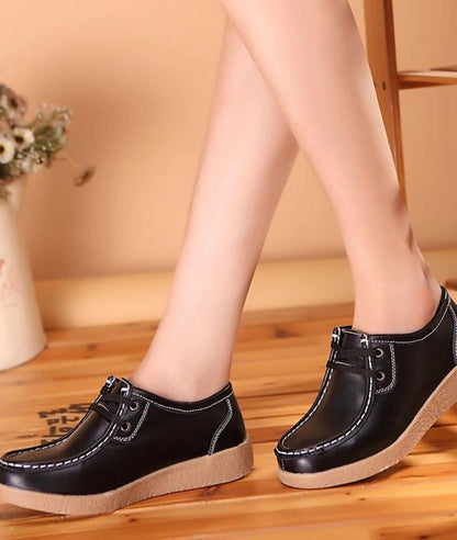 Mocassins À Lacets en Effet cuir À Semelle Épaisse Noir Pour Femmes