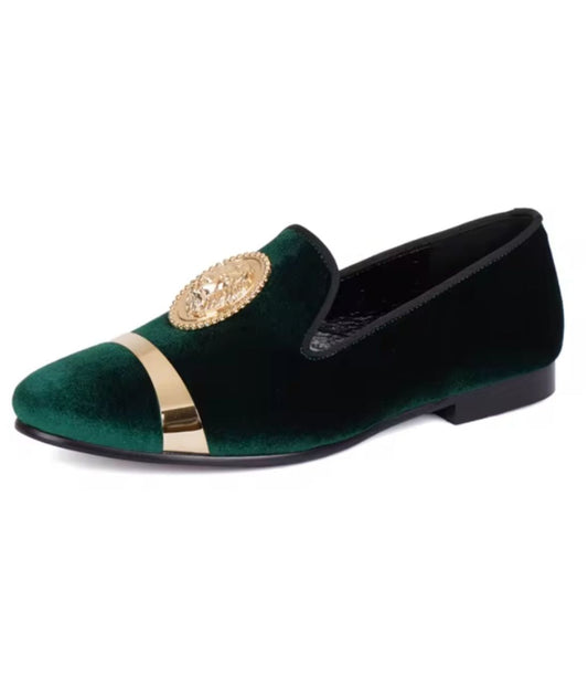 Mocassin de Mariage en Velours Vert Écusson Tigre – Homme