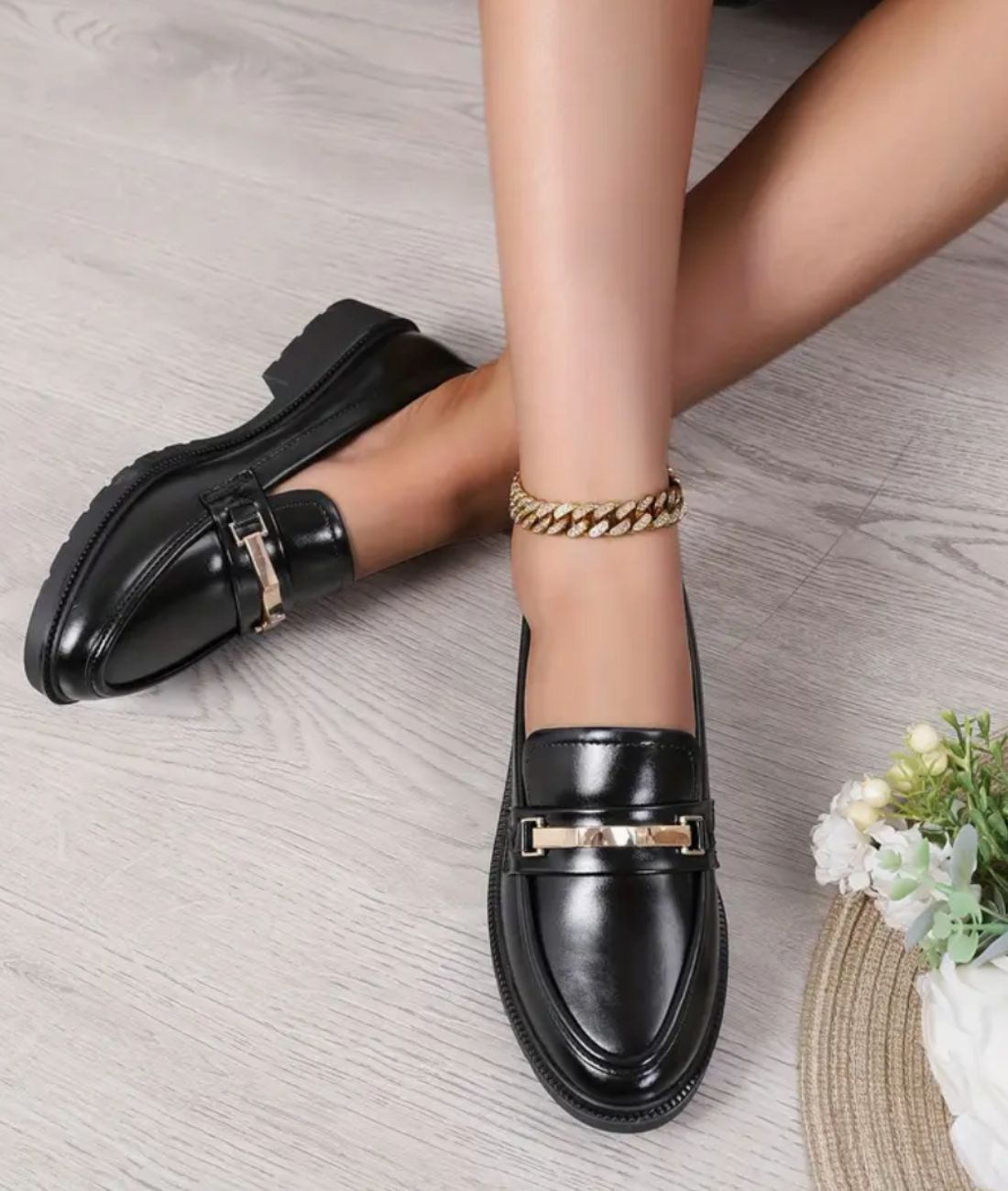 Mocassins Noirs Semelle Épaisse Femme en Effet cuir Synthétique