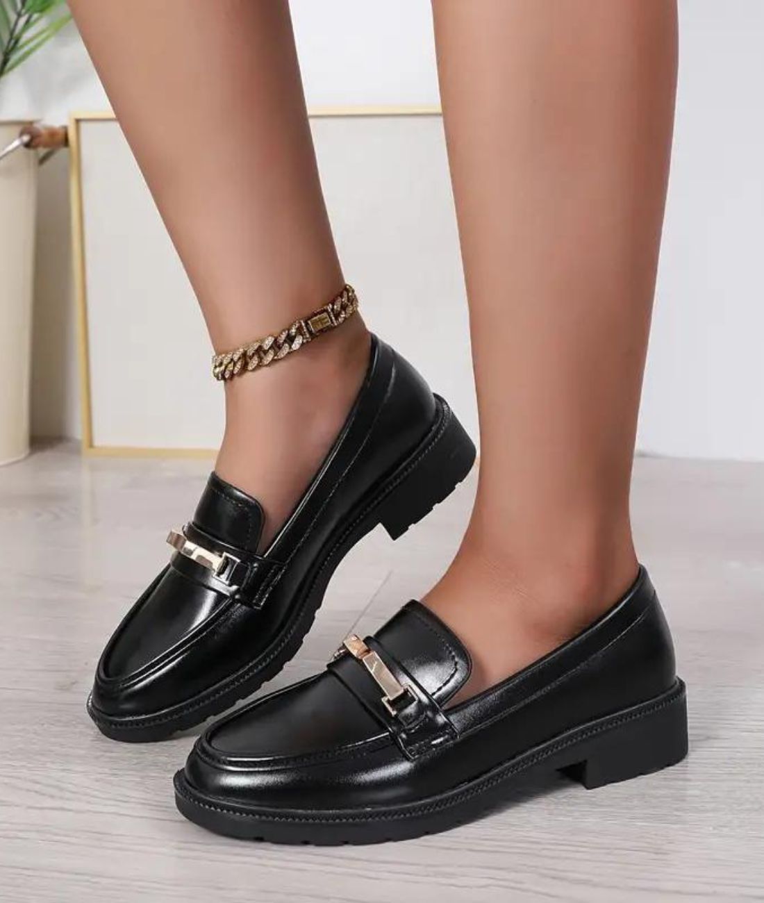 Mocassins Noirs Semelle Épaisse Femme en Effet cuir Synthétique