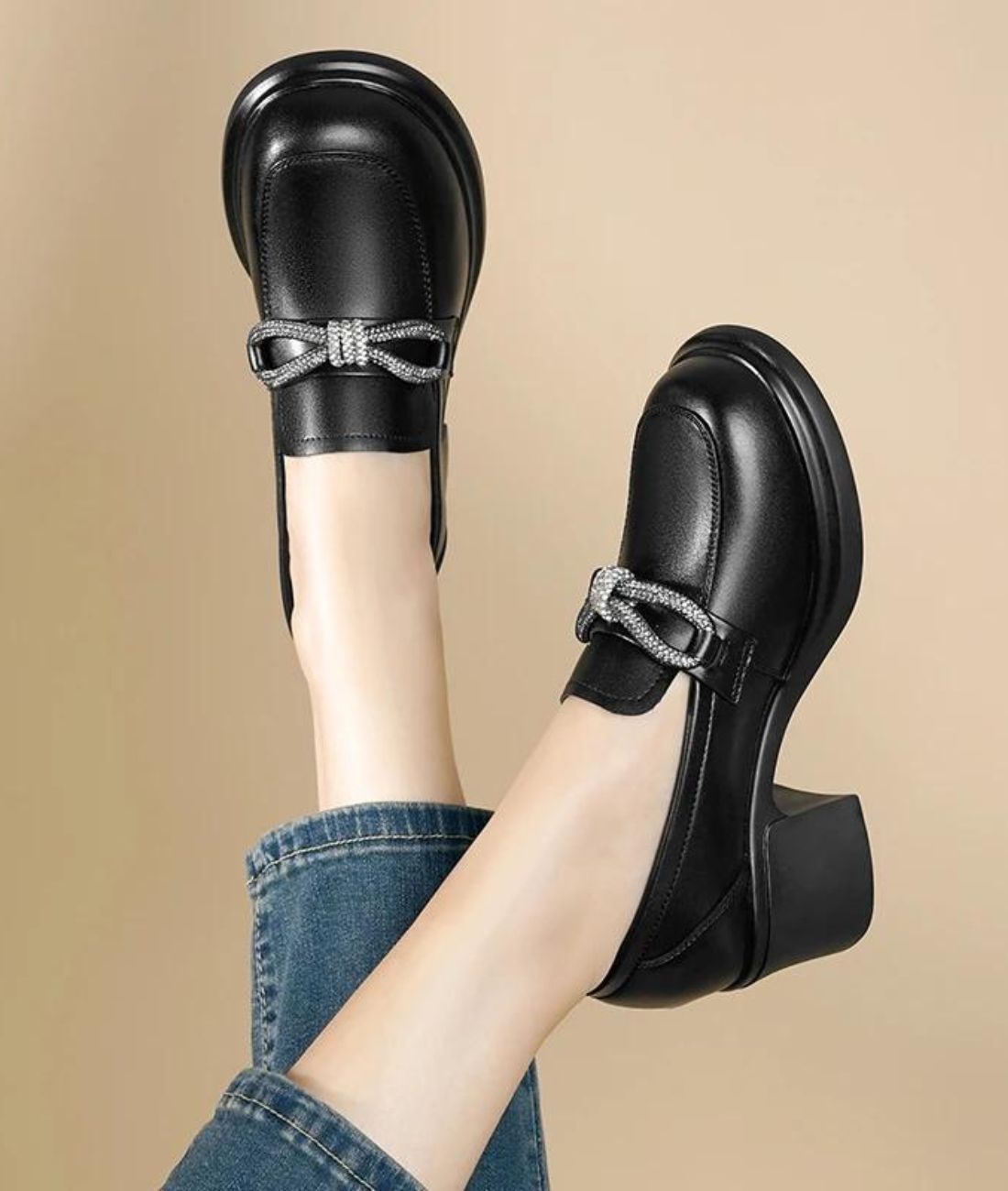 Mocassins Noirs Style Britannique Avec Nœud Papillon Pour Femmes