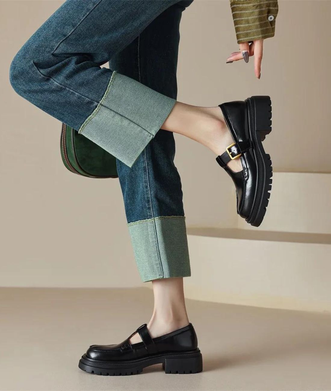 Mocassins Noirs À Talon Carré Et Semelle Épaisse Pour Femme