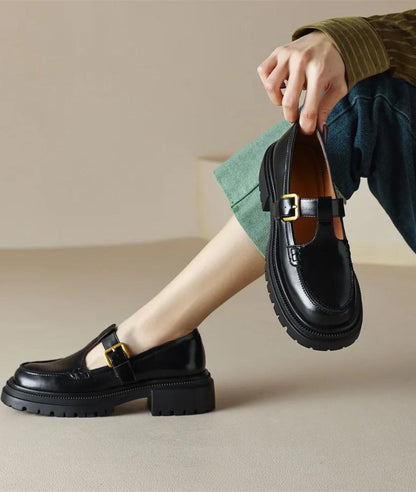 Mocassins Noirs À Talon Carré Et Semelle Épaisse Pour Femme