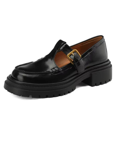 Mocassins Noirs À Talon Carré Et Semelle Épaisse Pour Femme