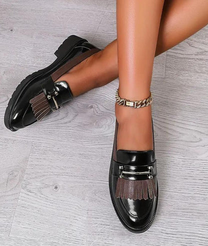 Mocassin à Franges en Effet vernis Noir Profond – Femme