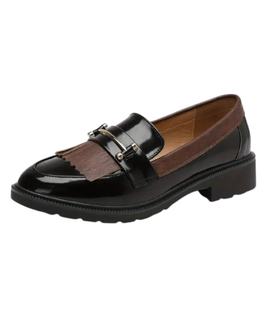 Mocassin à Franges en Effet vernis Noir Profond – Femme