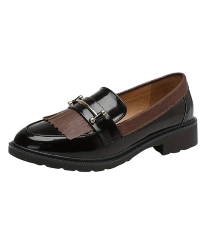 Mocassin à Franges en Effet vernis Noir Profond – Femme
