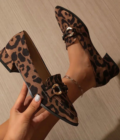 Mocassin à Petit Talon en Cuir Léopard – Femme