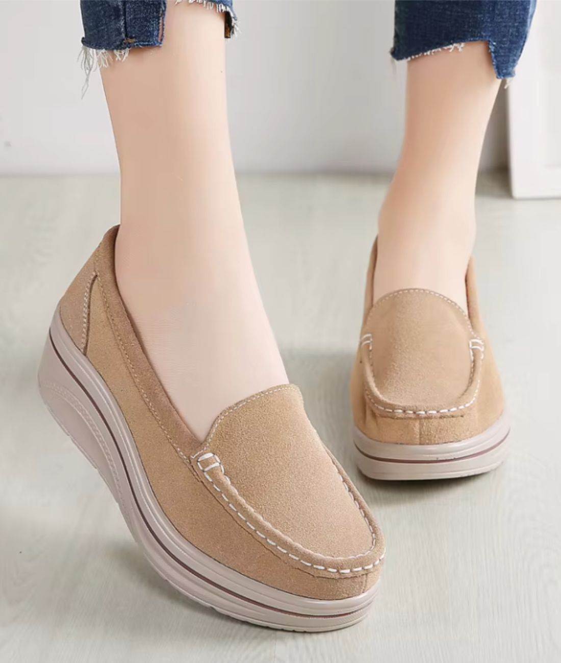 Mocassin à Plateforme en Daim Synthétique Beige Kaki – Femme