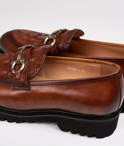 Mocassin à Plateforme en Vernis Croco Marron Cognac – Homme