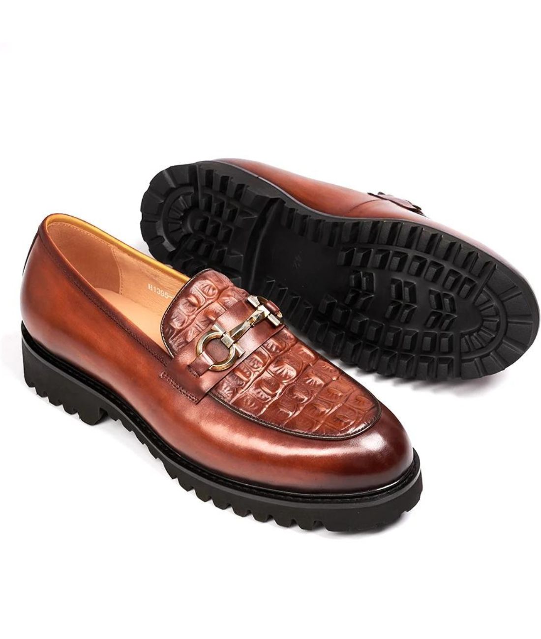Mocassin à Plateforme en Vernis Croco Marron Cognac – Homme