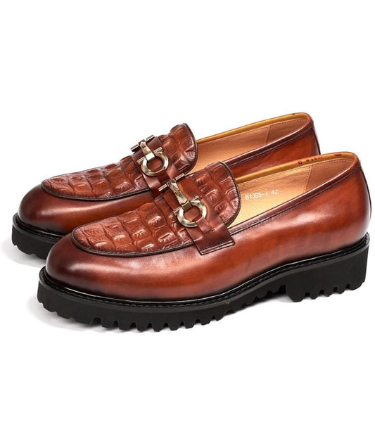 Mocassin à Plateforme en Vernis Croco Marron Cognac – Homme